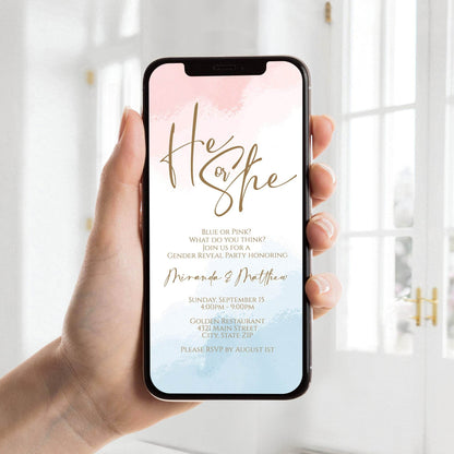 Digital He or She Gender Reveal Invitation Template, Electronic Boy Or Girl Baby Shower Invite, Pink Blue Invite, Phone Text Message Evite, Email Text Message Template