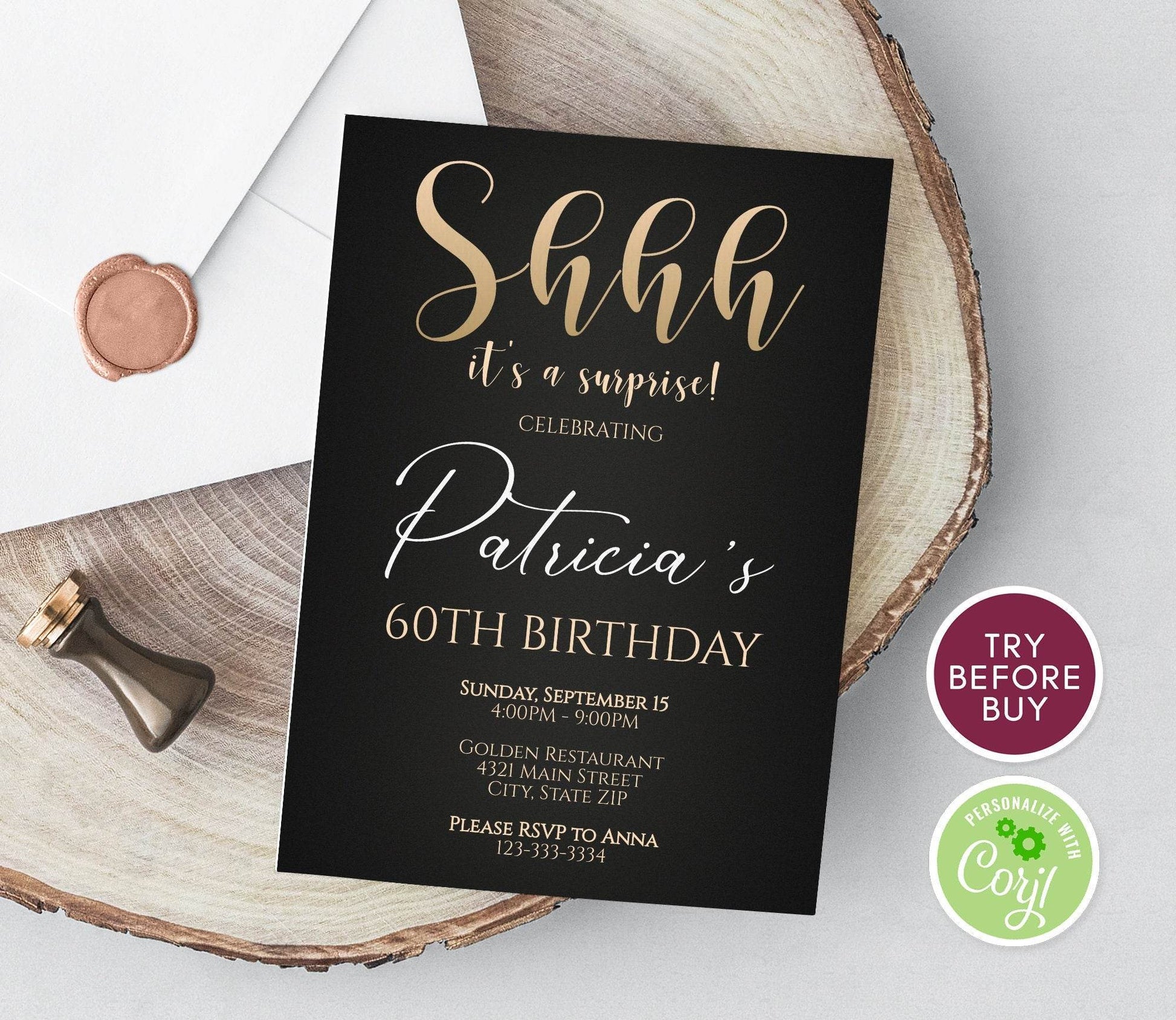 60th Birthday Invitation Printable – Editable Black Gold Surprise Party Invite for Women | 30th 40th 50th 60th Birthday Template | Instant Download