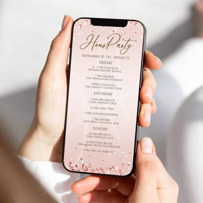Rose Gold Digital Hens Party Weekend Itinerary Template – Editable Electronic Schedule for Birthday, Bachelorette, or Wedding | Text Message Evite | Instant Download