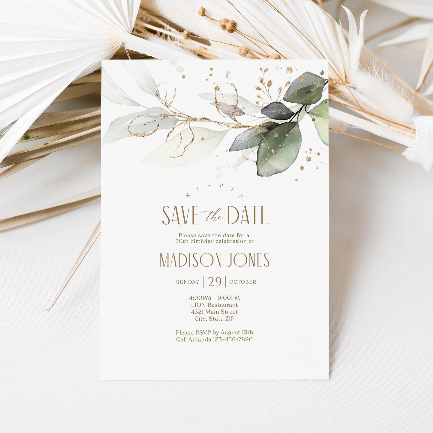 Editable Save the Date Greenery Birthday Card Invitation Template, Printable Any Age Birthday Invite, Save the Date Email Text Message Evite