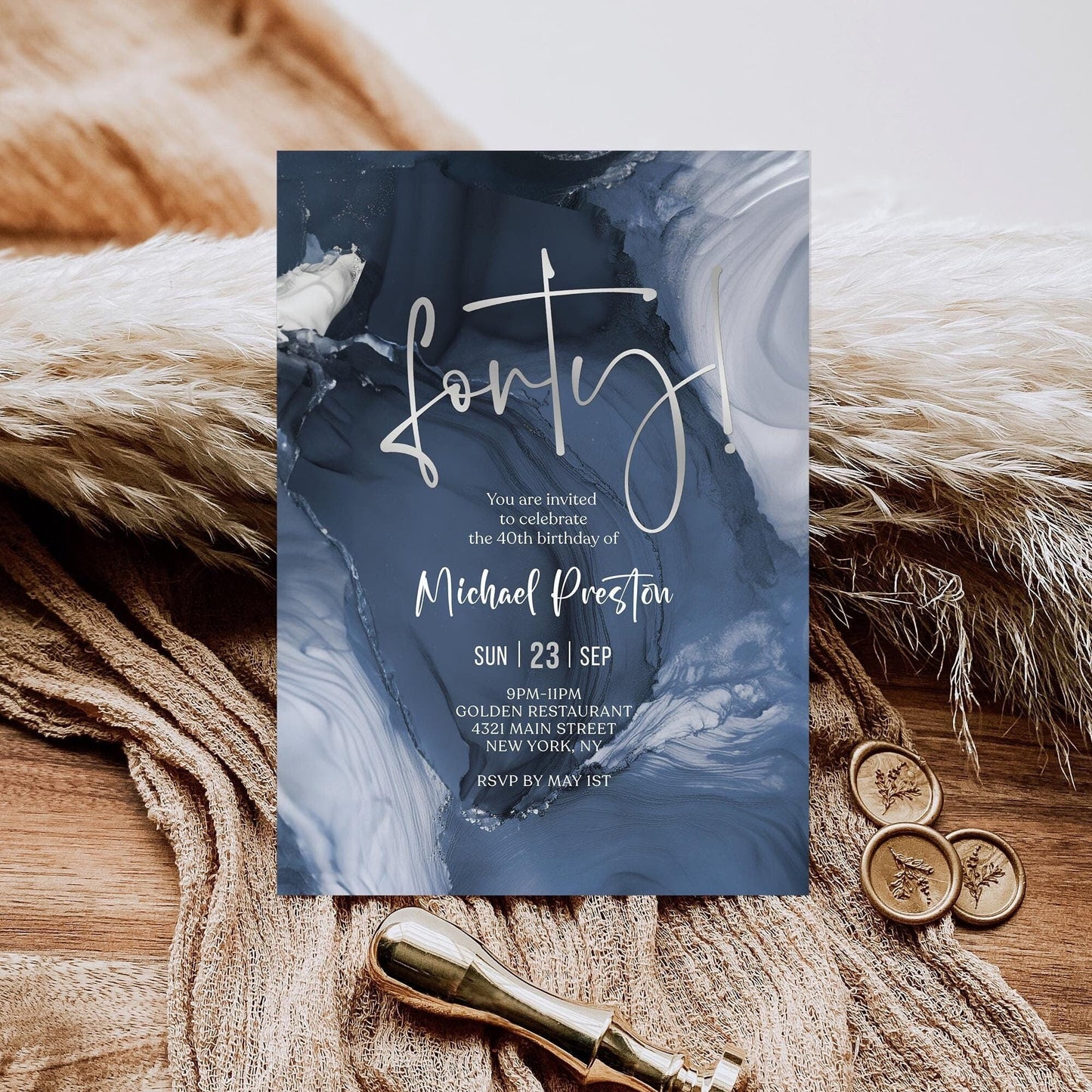 Blue Silver 40th Forty Birthday Invitation Template, Printable Navy Man Forty Birthday Invite, Editable Surprise Invite, Digital Download