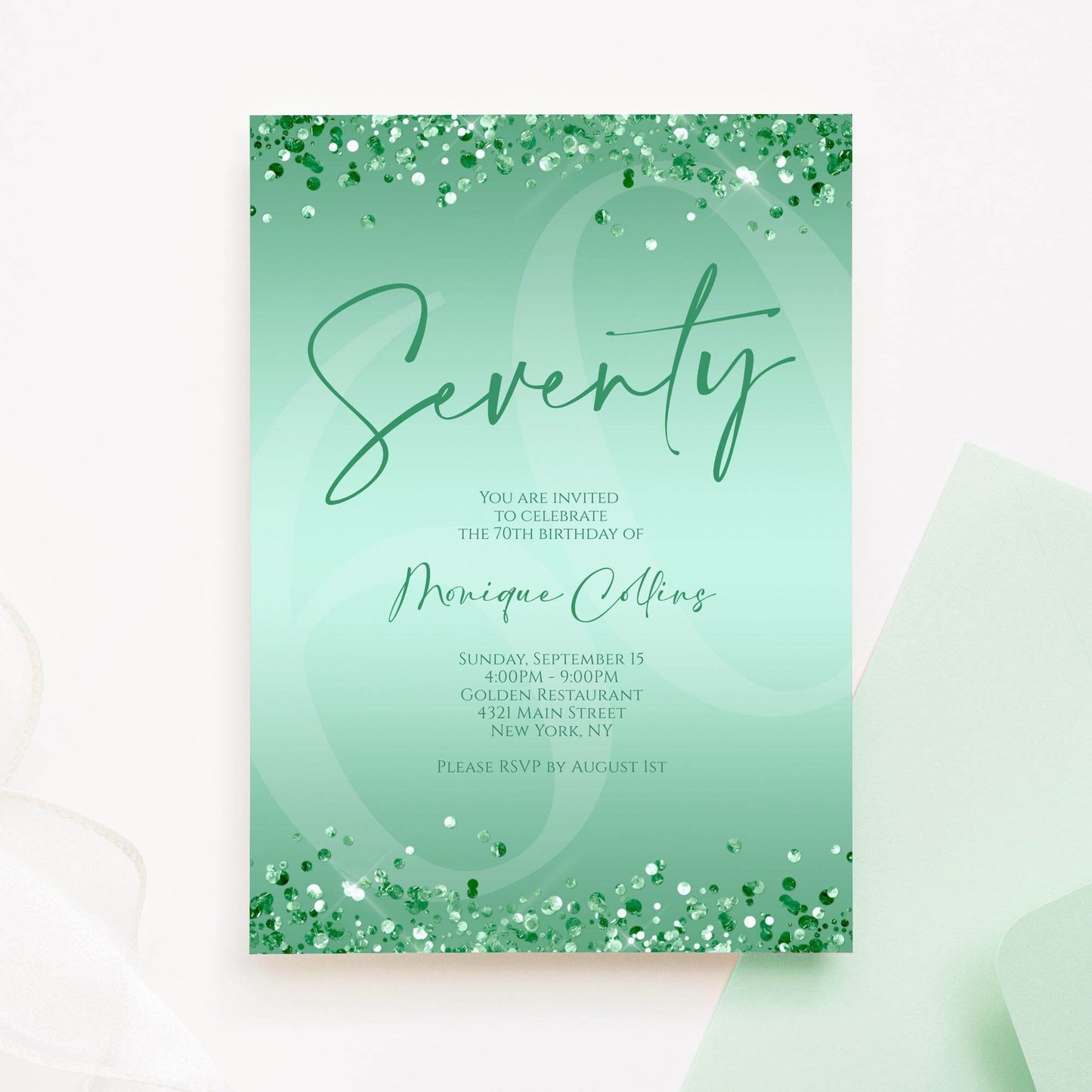 Printable Mint Green 70th Birthday Invitation Template – Editable Digital Mint Birthday Card | Women’s 70th Party Invite | Instant Download