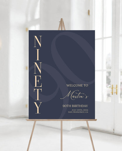 90th Birthday Welcome Sign Template | Navy Blue & Gold Editable Poster | Printable Elegant 90th Party Sign | Digital Birthday Decoration