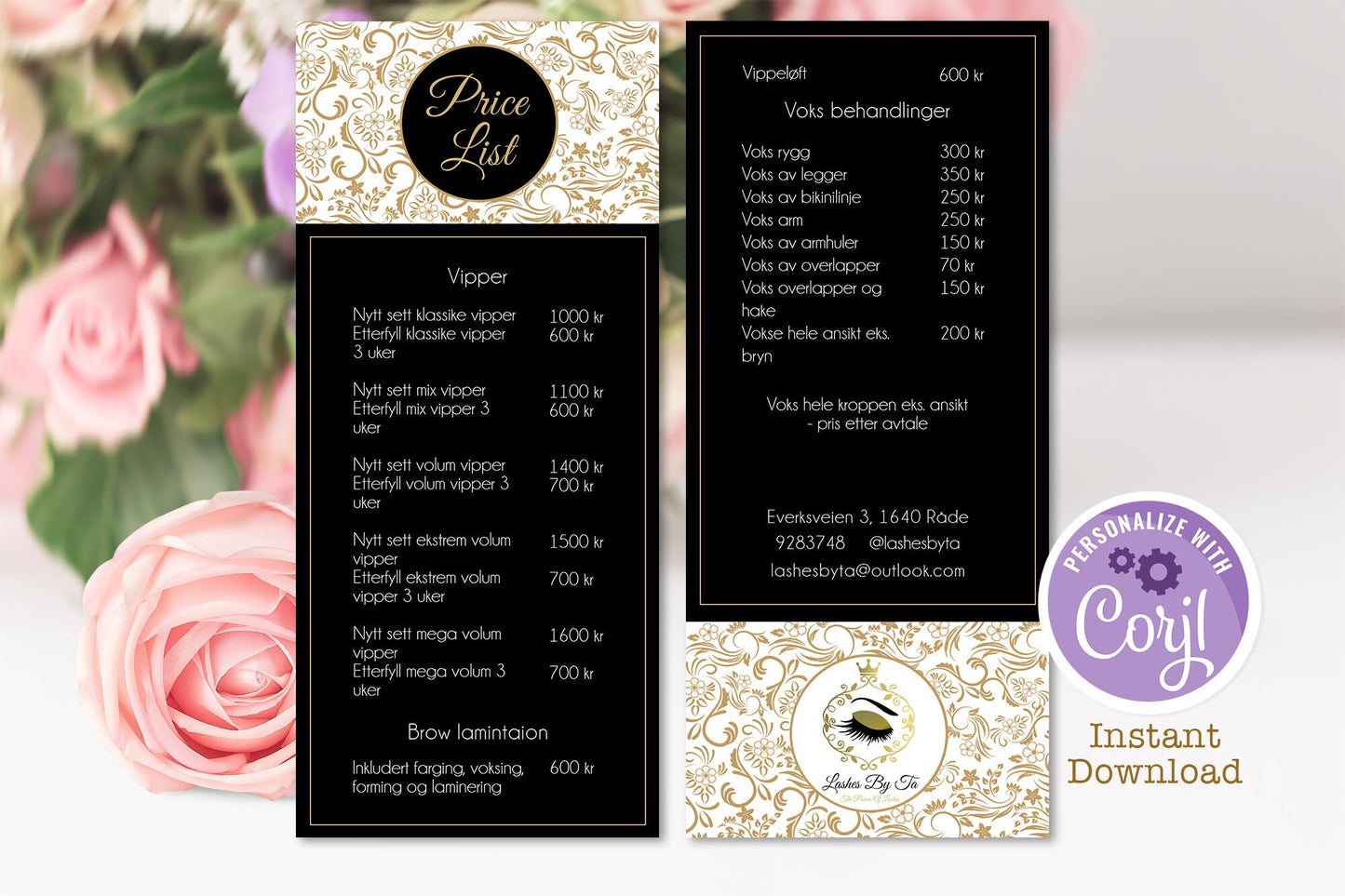 Dark Luxury Business Card Template, Beautician & Makeup Artist, Black Gold Calligraphy Pattern, Editable Logo, Instant Digital Download