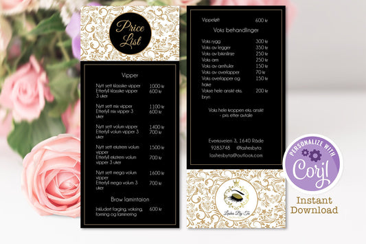 Dark Luxury Business Card Template, Beautician & Makeup Artist, Black Gold Calligraphy Pattern, Editable Logo, Instant Digital Download