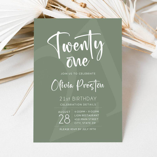 Sage Green 21st Birthday Invitation Template – Simple Editable Twenty One Birthday Invite | Printable Minimalist Text Message Invitation | Instant Download