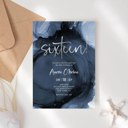 Blue Navy Silver 16th Sixteen Birthday Invitation Template, Printable Boy Birthday Party Invite, Editable Surprise Invite, Digital Download