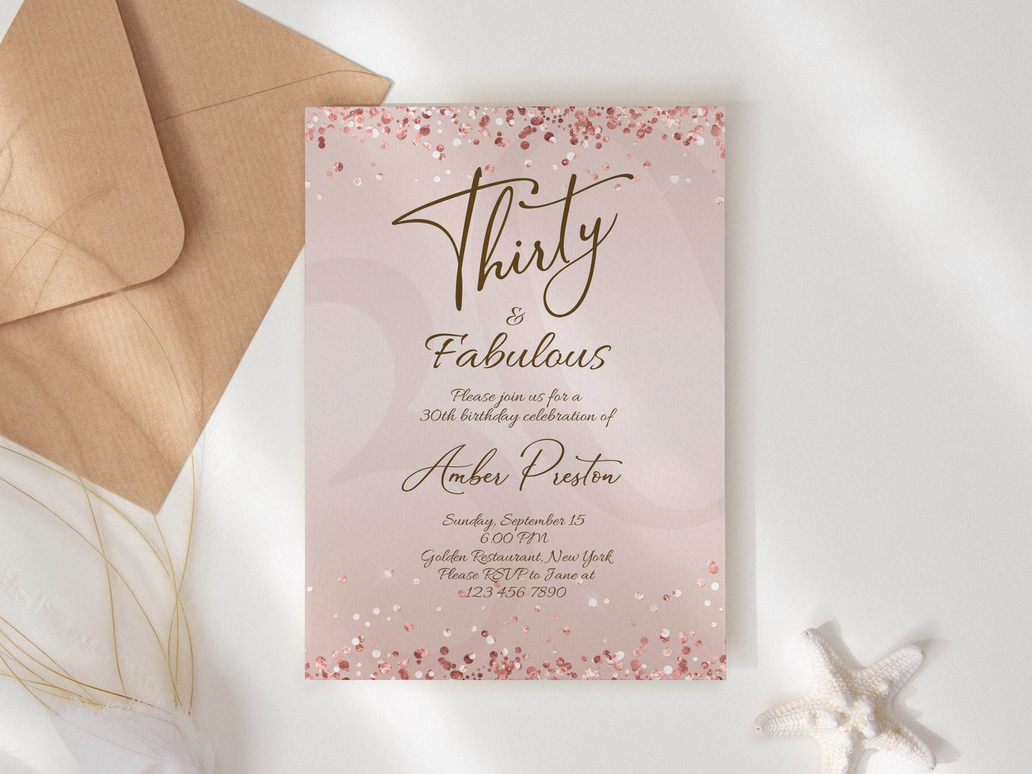Rose Gold 30th Birthday Invitation for Her – Thirty & Fabulous Surprise Party Invite | Editable Rose Gold Template | Printable Women’s Digital Download