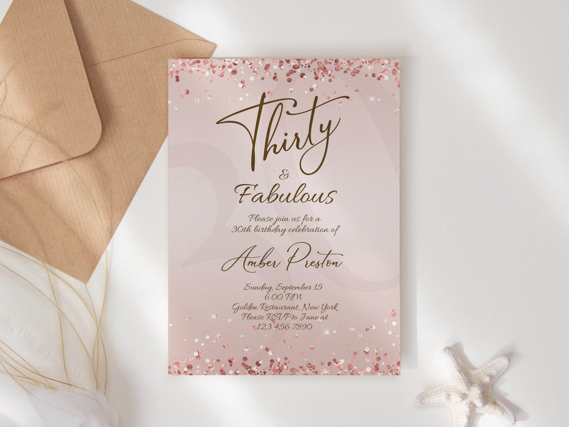 Rose Gold 30th Birthday Invitation for Her – Thirty & Fabulous Surprise Party Invite | Editable Rose Gold Template | Printable Women’s Digital Download
