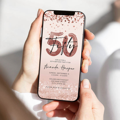 50th Birthday Invitation Template | Digital Rose Gold Foil Confetti Evite | Editable 50th Party Invite for Her | Text Message or Email | Instant Download