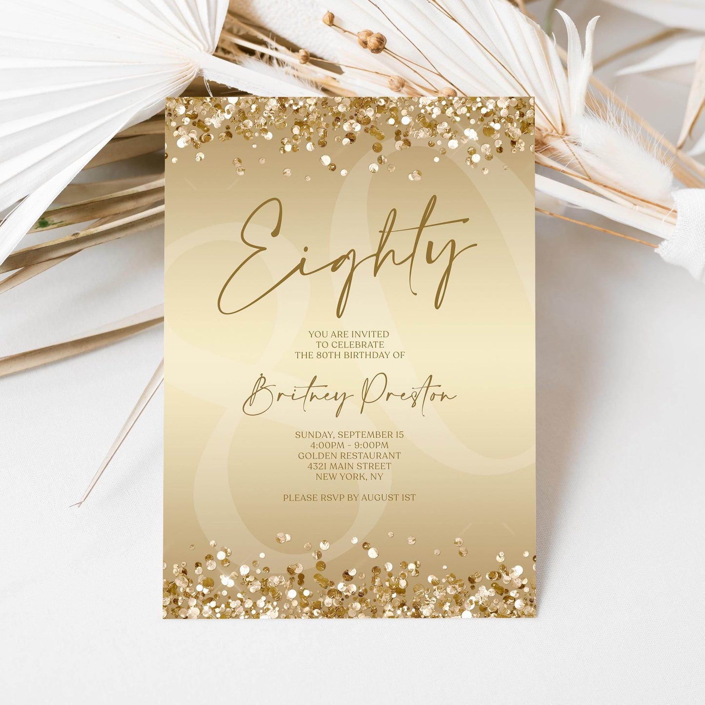Gold 80th Birthday Invitation Template, Editable Gold Confetti Printable Invite, Surprise Party Card, Digital Text Message Evite