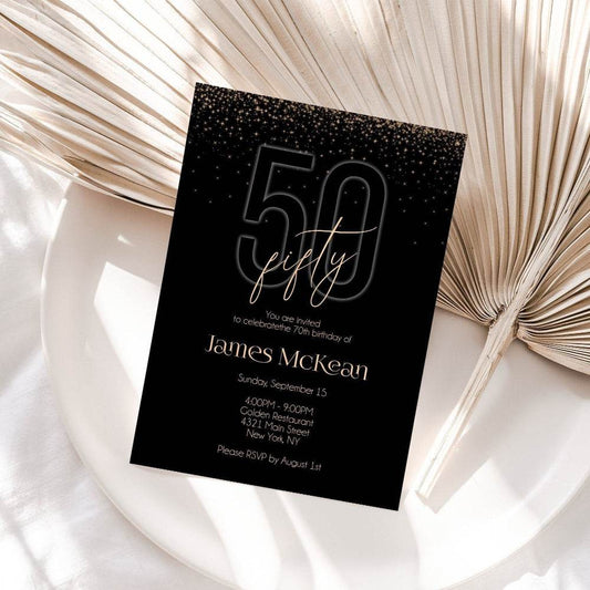 50th Birthday Invitation Printable – Black Gold Luxury Men’s Invite – Editable 5x7 Birthday Party Template – Instant Download