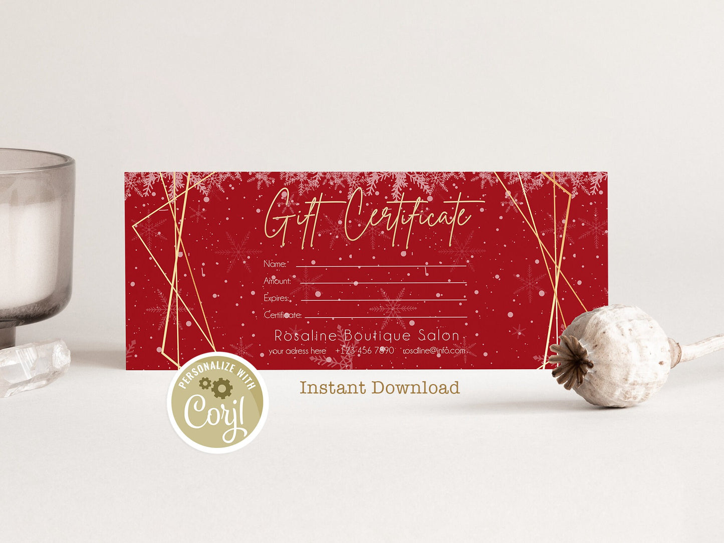 Christmas Gift Certificate Template, Editable Geometric Gold Xmas Gift Card, Printable Holiday Gift Voucher, Instant Download