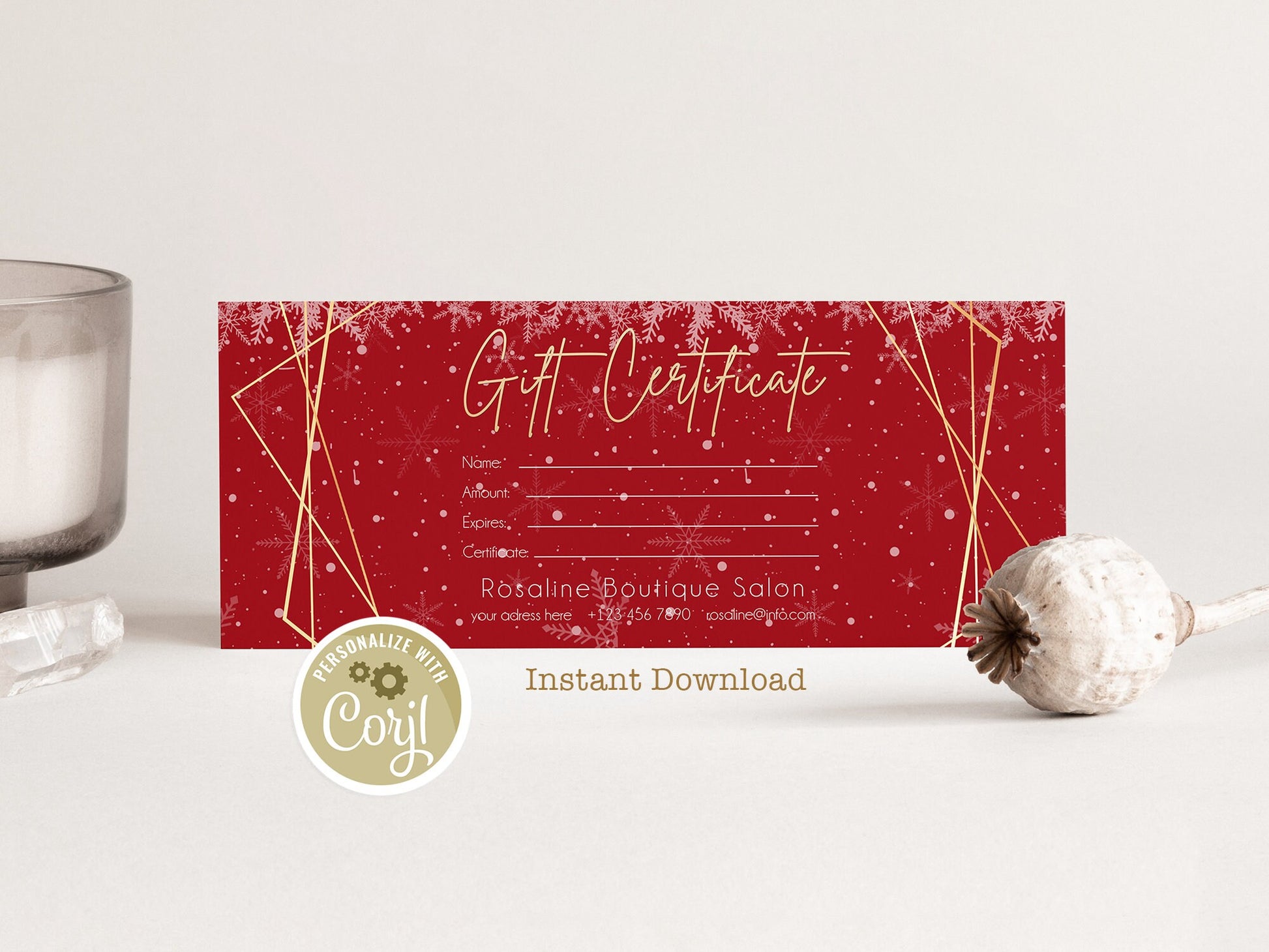 Christmas Gift Certificate Template, Editable Geometric Gold Xmas Gift Card, Printable Holiday Gift Voucher, Instant Download