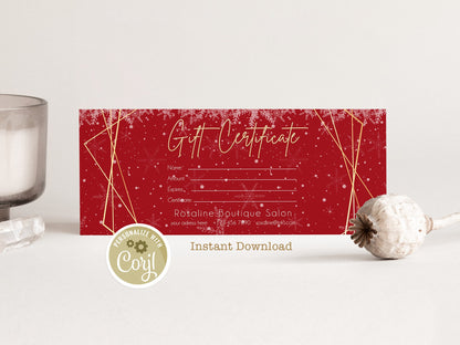 Christmas Gift Certificate Template, Editable Geometric Gold Xmas Gift Card, Printable Holiday Gift Voucher, Instant Download