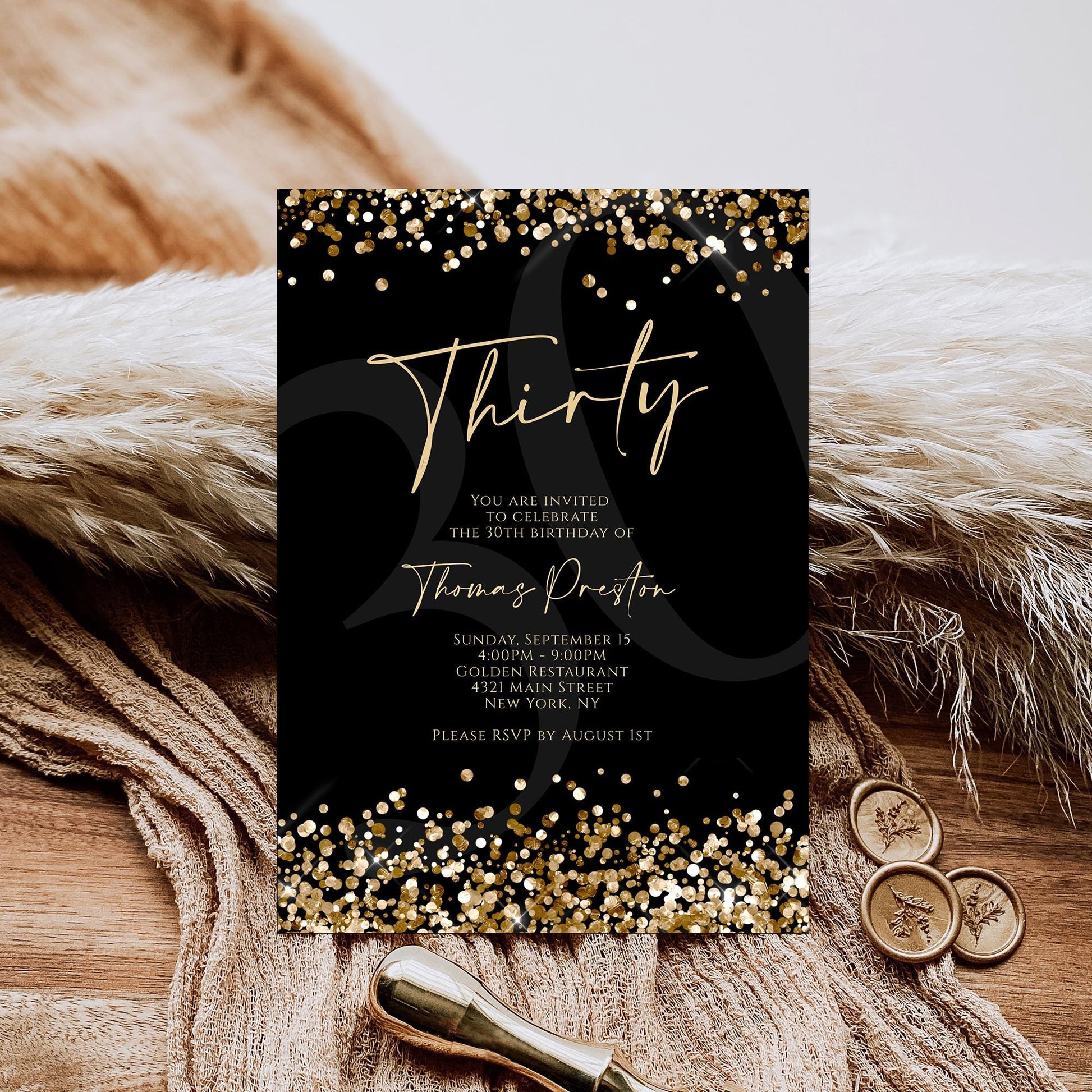 Printable Black Gold 30th Birthday Invitation Template, Luxury Gold Confetti Invite, Editable Men’s Birthday Party Invitation, Instant Download
