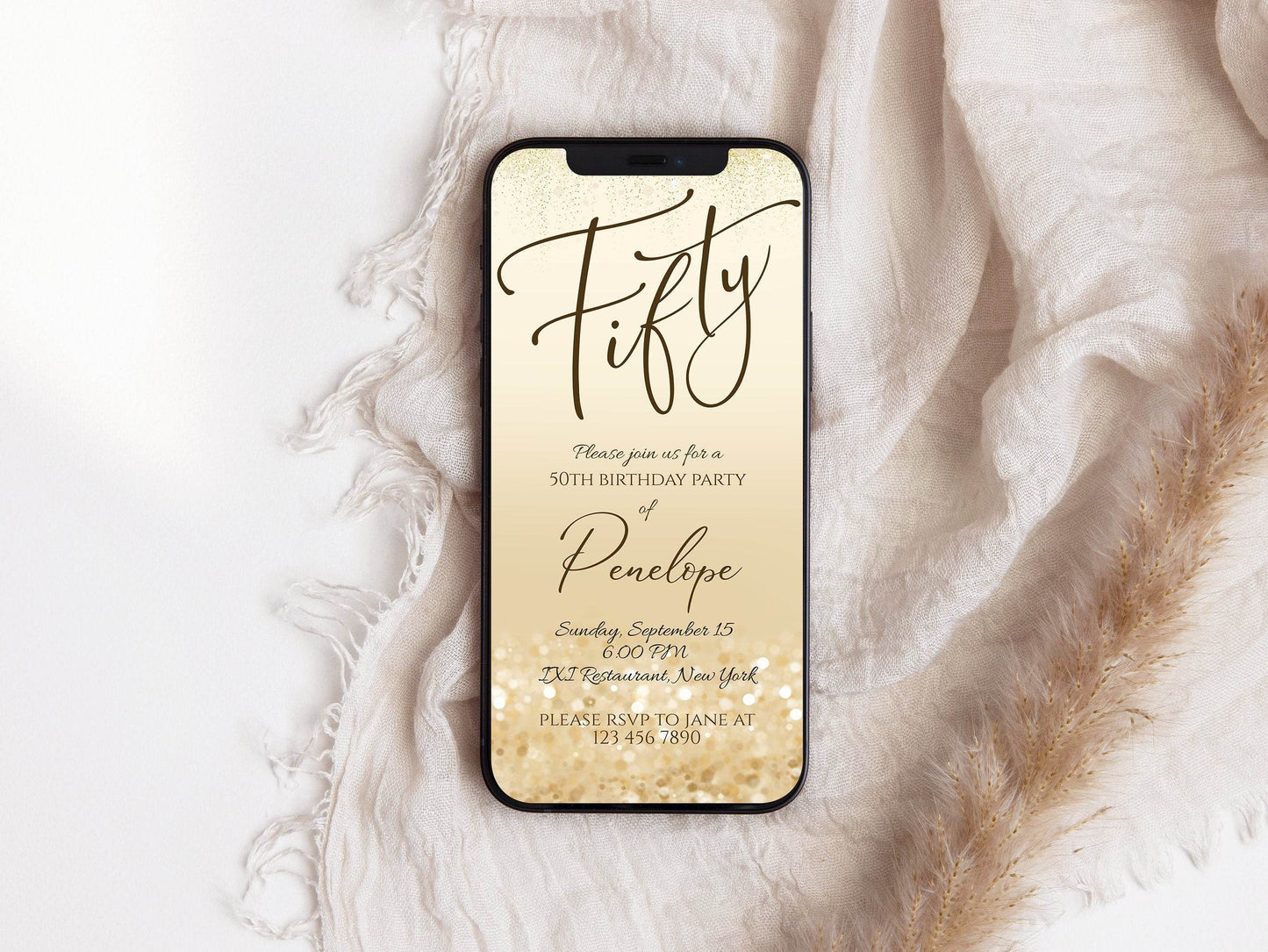 Electronic 50th Birthday Invitation Template, Editable Gold Fifty Birthday Evite, Digital Text Message Invite, Phone Party Invitation