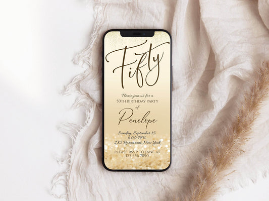 Electronic 50th Birthday Invitation Template, Editable Gold Fifty Birthday Evite, Digital Text Message Invite, Phone Party Invitation