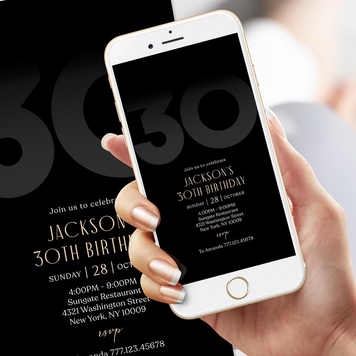 Digital Black 30th Thirty Birthday Invitation Template, Electronic Party Invite for Him, Simple Black Elegant Invitation, Text Message Evite