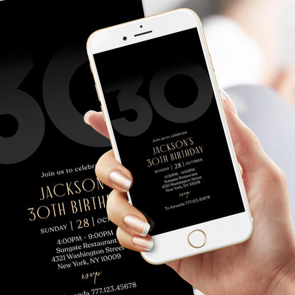 Digital Black 30th Thirty Birthday Invitation Template, Electronic Party Invite for Him, Simple Black Elegant Invitation, Text Message Evite