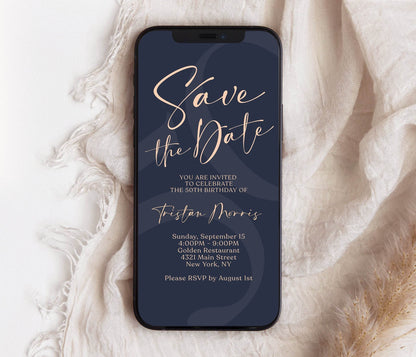 Navy Rose Gold 50th Birthday Invitation, Digital Save the Date Evite, Editable 50th Phone Text Message Invite, Instant Download