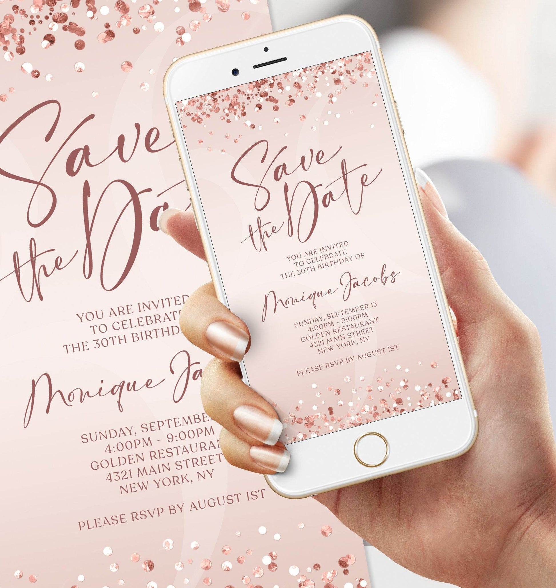 Electronic Rose Gold Foil Save The Date Invitation | Editable Digital Birthday Invite | 40th Forty Save The Date Evite | Any Age Custom Template | Instant Download
