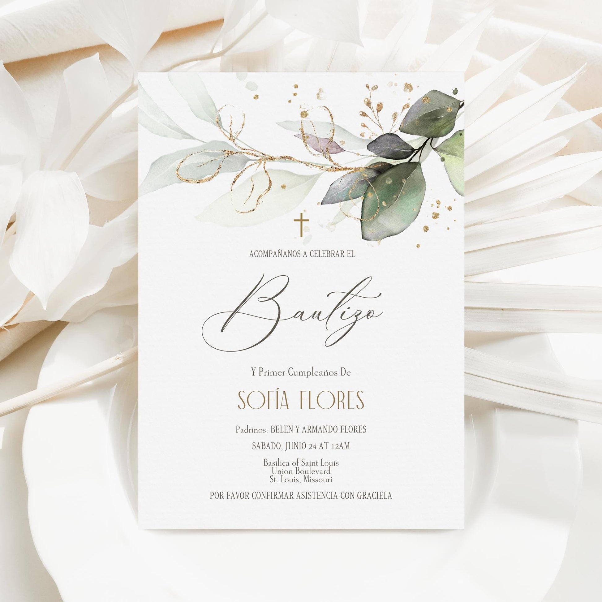 Invitacion de Bautizo, Bautizo Invitations Nino o niña, Invitación en Español, Mi Bautizo Invitation, Greenery Baptism Invitation Template