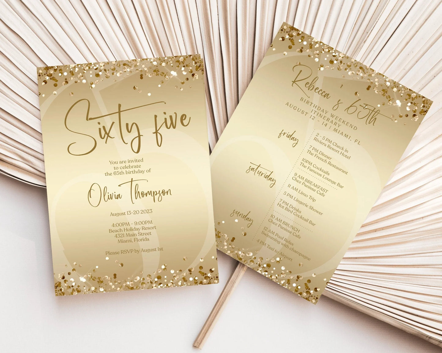Printable Gold 65th Sixty Five Birthday Weekend Itinerary Template, Editable Birthday Weekend Invitation, Modern Weekend Digital Itinerary