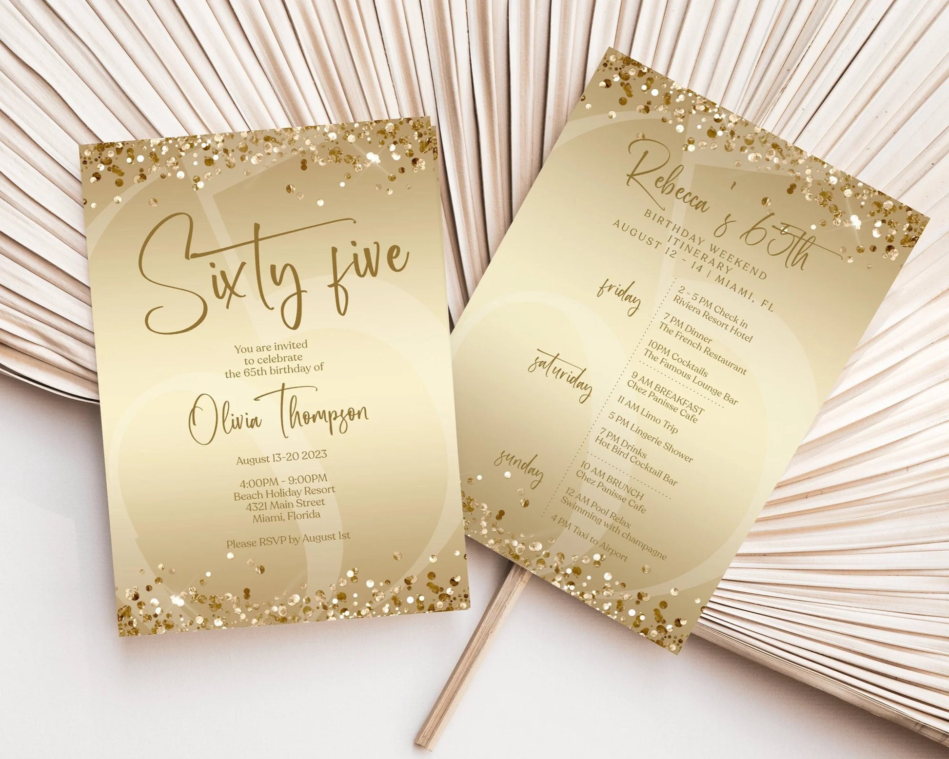 Printable Gold 65th Sixty Five Birthday Weekend Itinerary Template, Editable Birthday Weekend Invitation, Modern Weekend Digital Itinerary