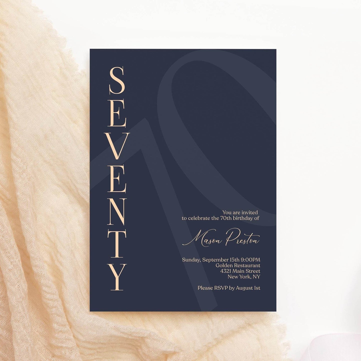 Navy 70th Birthday Invitation Template – Editable Minimalist Birthday Card | Printable Modern 70th Birthday Invite for Him | Instant Download