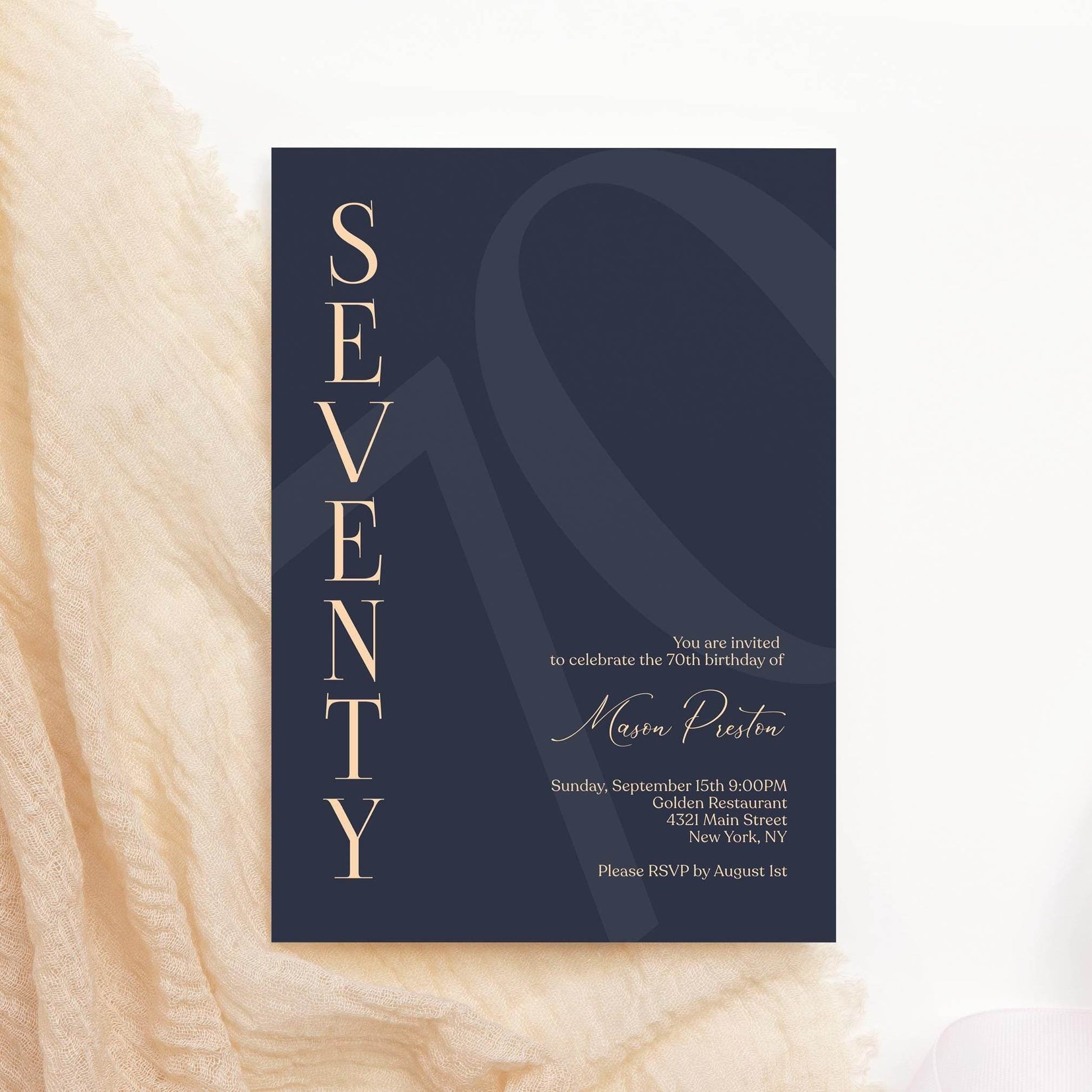 Navy 70th Birthday Invitation Template – Editable Minimalist Birthday Card | Printable Modern 70th Birthday Invite for Him | Instant Download