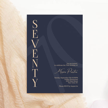 Navy 70th Birthday Invitation Template – Editable Minimalist Birthday Card | Printable Modern 70th Birthday Invite for Him | Instant Download