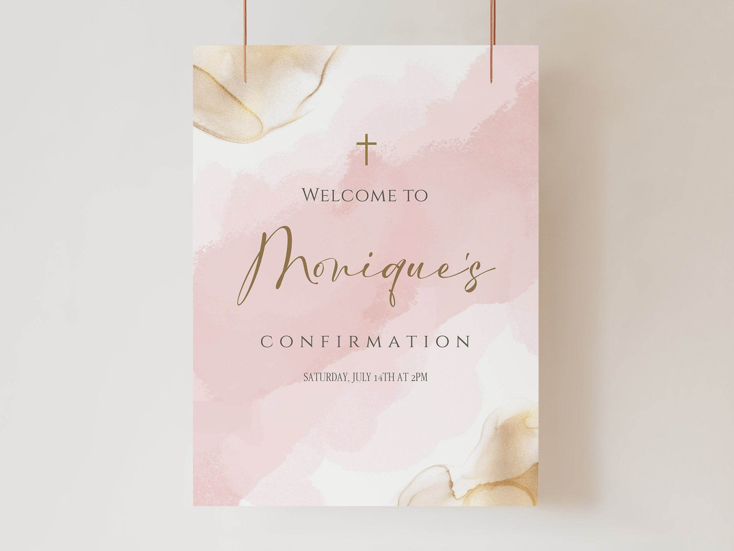 Girl Confirmation Welcome Sign Template | Pink Gold Watercolor Editable Poster | Printable Confirmation Party Sign | Instant Download Digital File