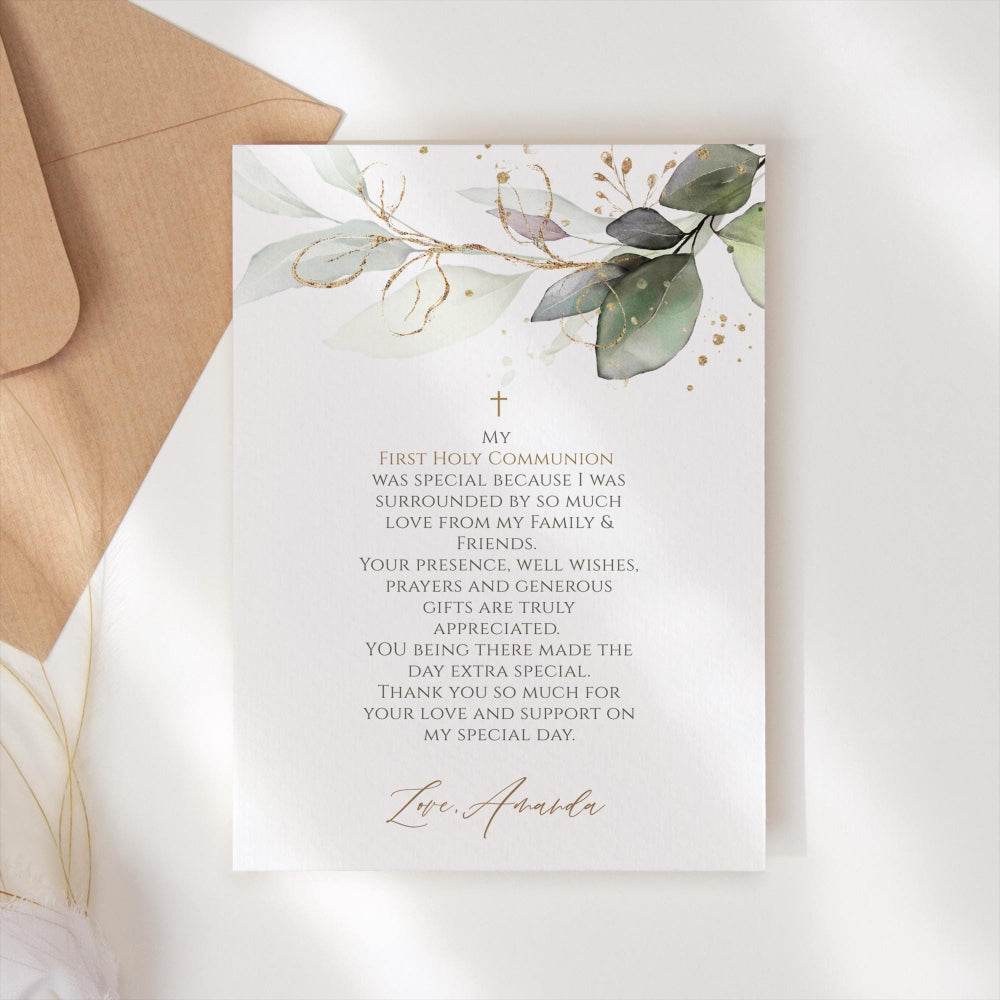 Editable Thank You Card Template | First Holy Communion & Baptism Thank You | Printable Eucalyptus Greenery Design | Instant Download