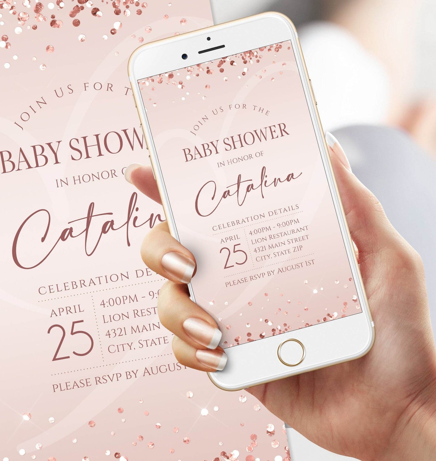Pink Digital Baby shower Evite Invitation Template, Electronic Rose Gold Baby Shower Invite, Sweet Baby Girl Invite, Editable Text Message