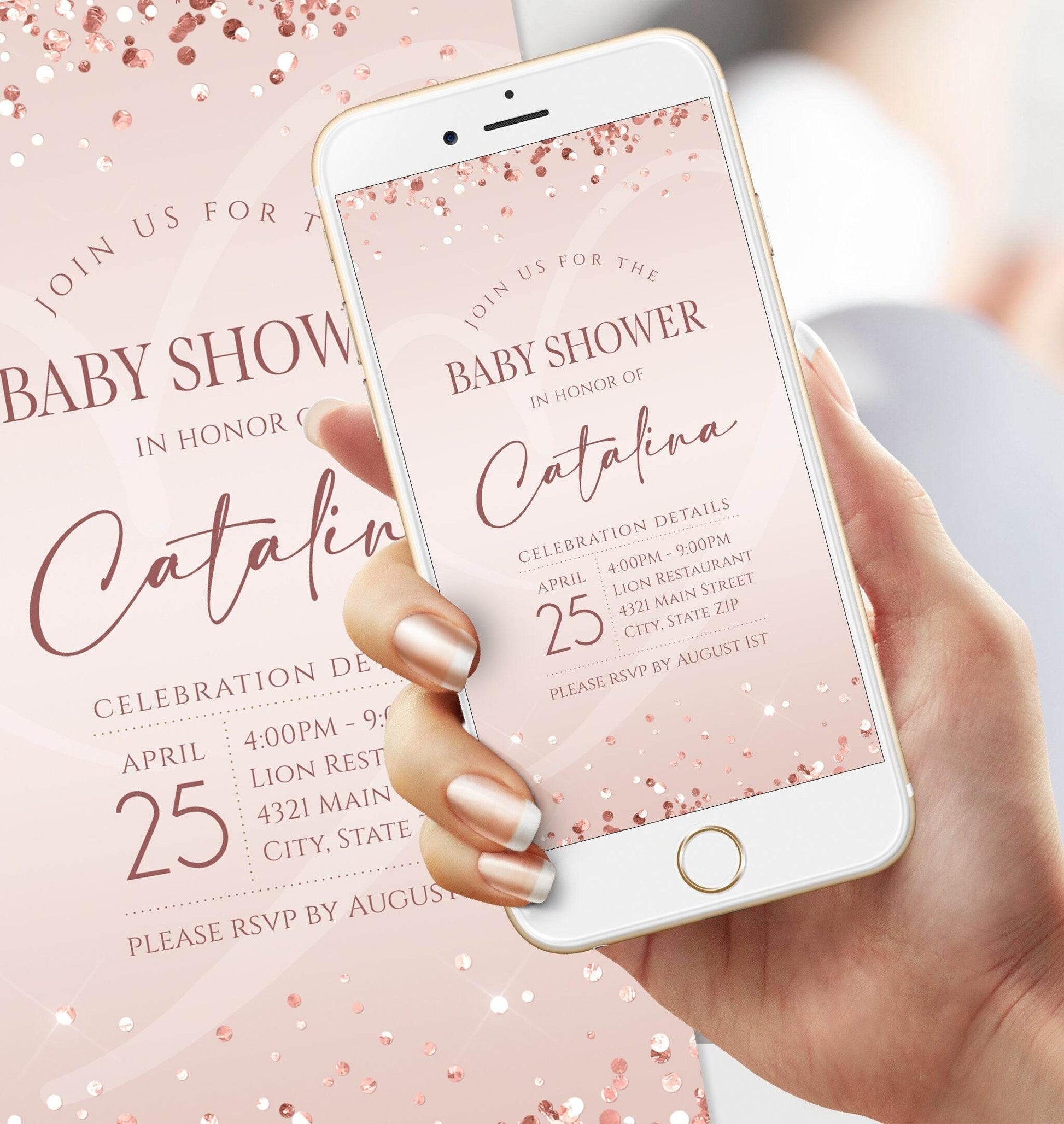 Pink Digital Baby shower Evite Invitation Template, Electronic Rose Gold Baby Shower Invite, Sweet Baby Girl Invite, Editable Text Message
