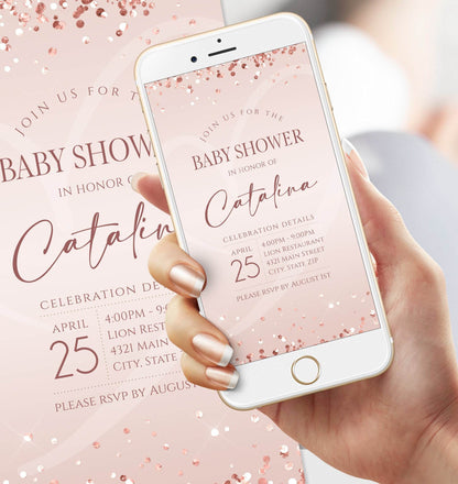 Pink Digital Baby shower Evite Invitation Template, Electronic Rose Gold Baby Shower Invite, Sweet Baby Girl Invite, Editable Text Message