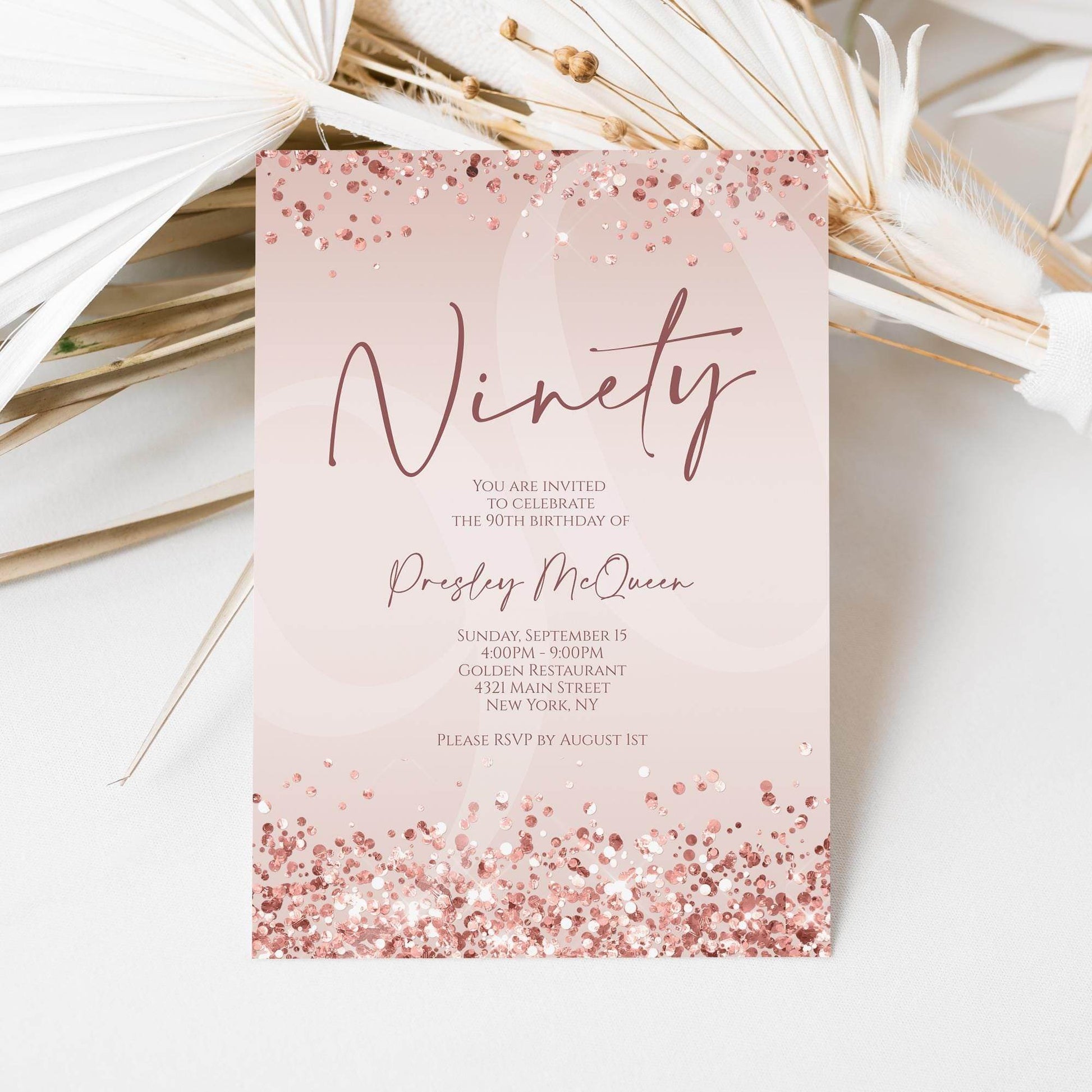 Rose Gold 90th Birthday Invitation Template, Printable Editable Pink Confetti Invite, 90th Digital Text or Email Evite Download