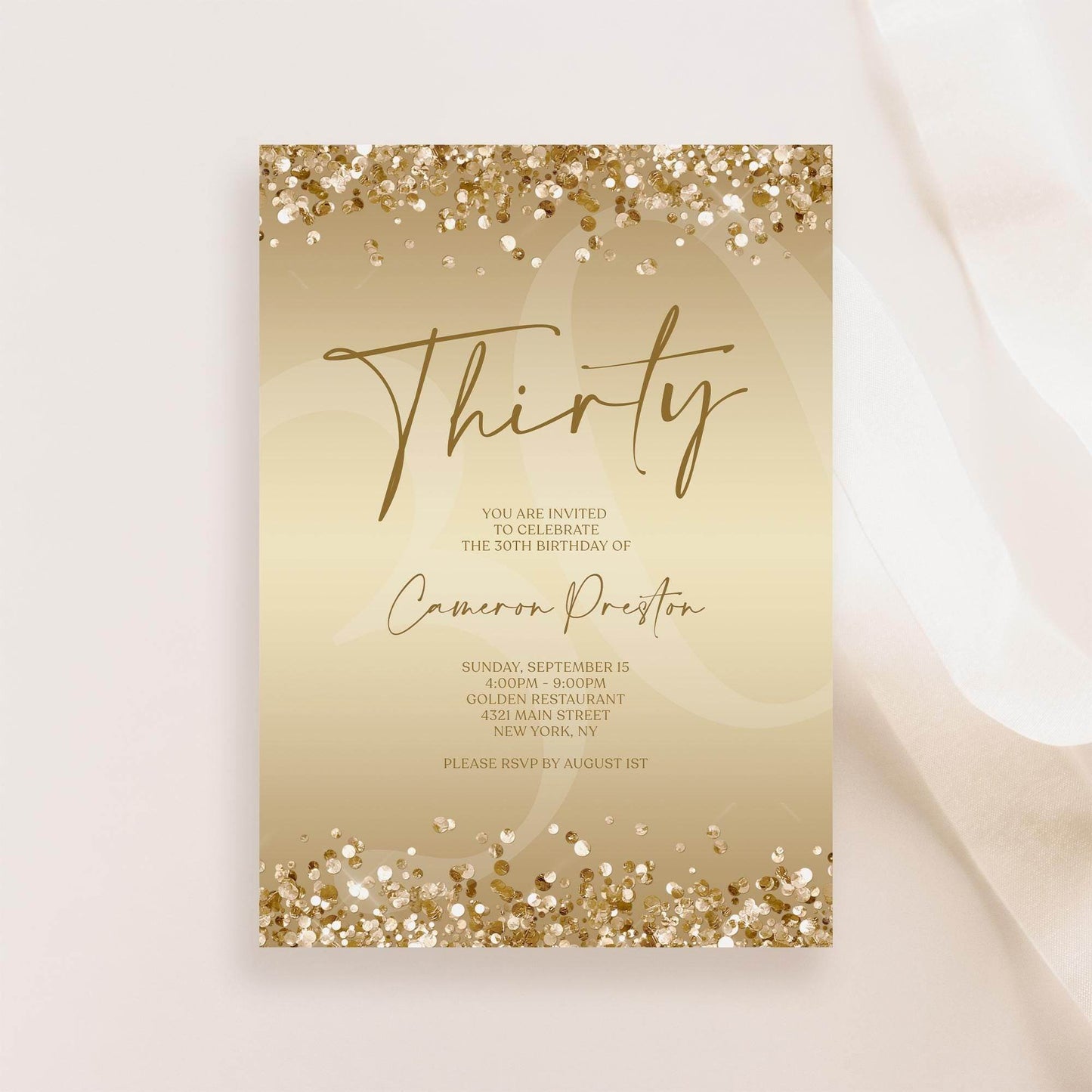 Gold Thirty 30th Invitation Template Printable, Editable Gold Confetti 30th Birthday Invite, Email Text Message, Ladies Surprise Party Card