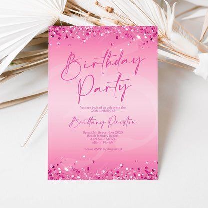 Fuchsia Pink Birthday Party Editable Invitation Template, Printable Birthday Invite, Ladies Email Text Message Invitation, Any Age Birthday