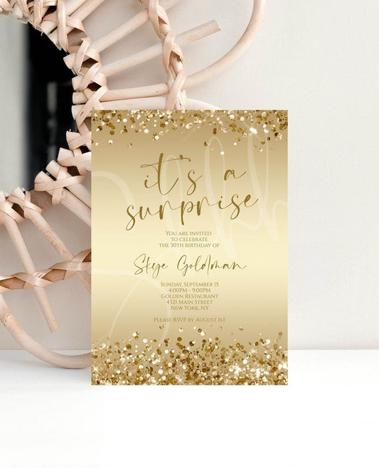 Printable Surprise Birthday Invitation, Gold Glitter Confetti Invite Template, Editable Luxury Birthday Party Invite, Instant Download