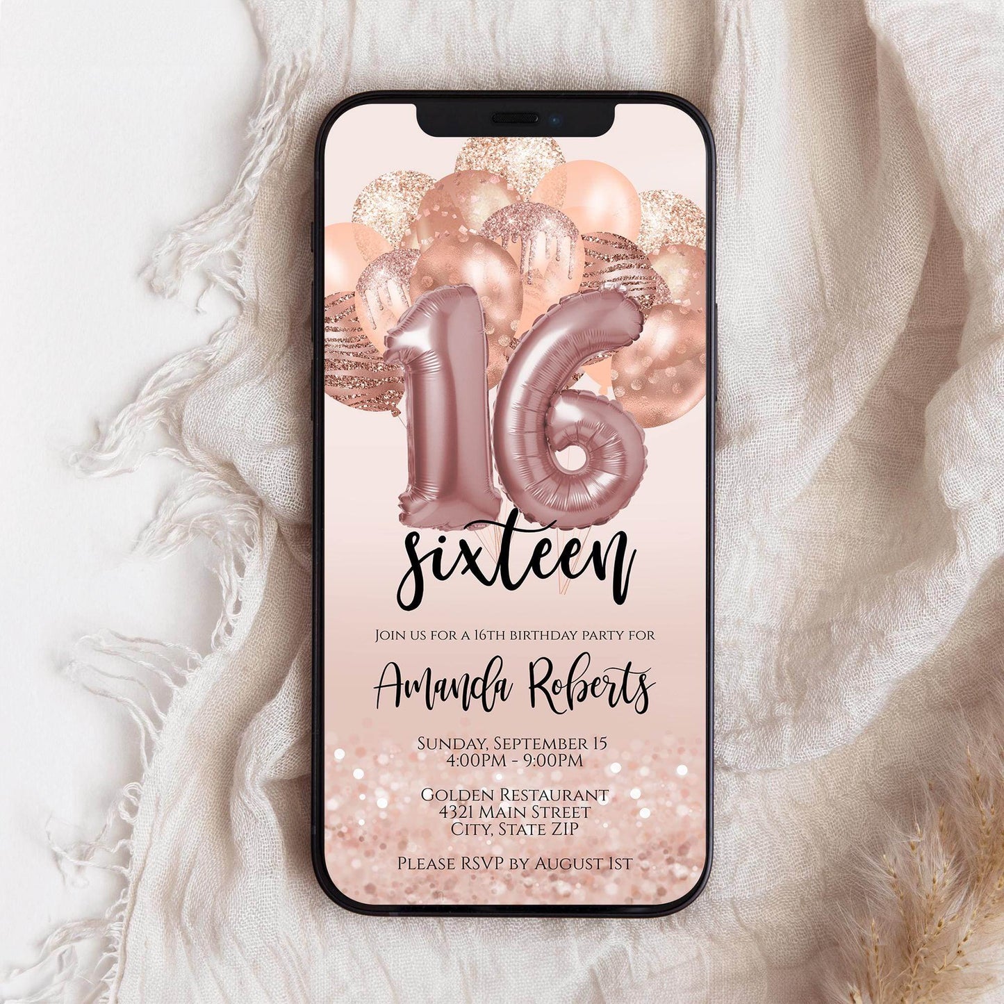Sweet 16 Digital Birthday Invitation for Girl – Rose Gold Balloons Evite – Editable Pink 16th Birthday Template – Text Message Phone Invite