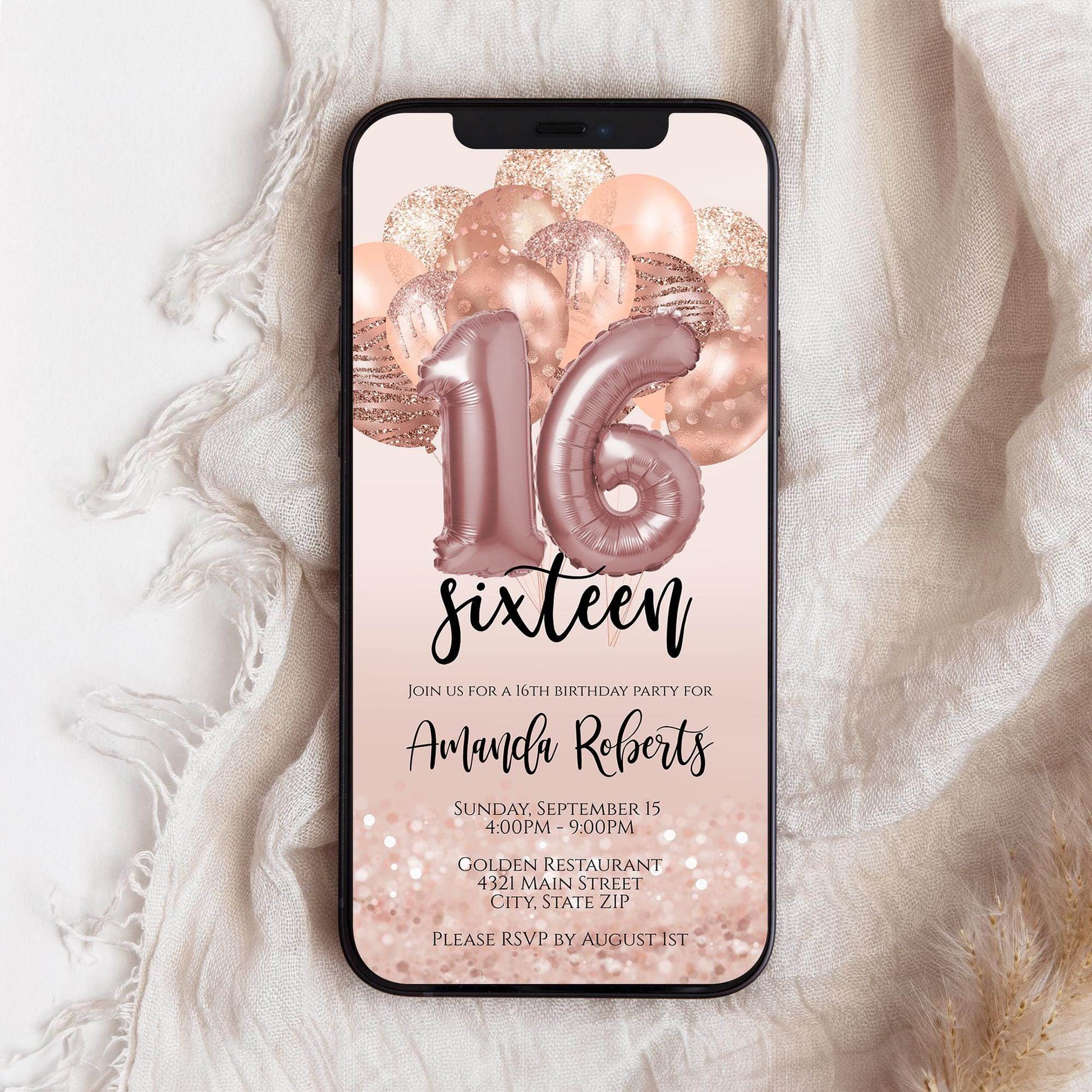 Sweet 16 Digital Birthday Invitation for Girl – Rose Gold Balloons Evite – Editable Pink 16th Birthday Template – Text Message Phone Invite