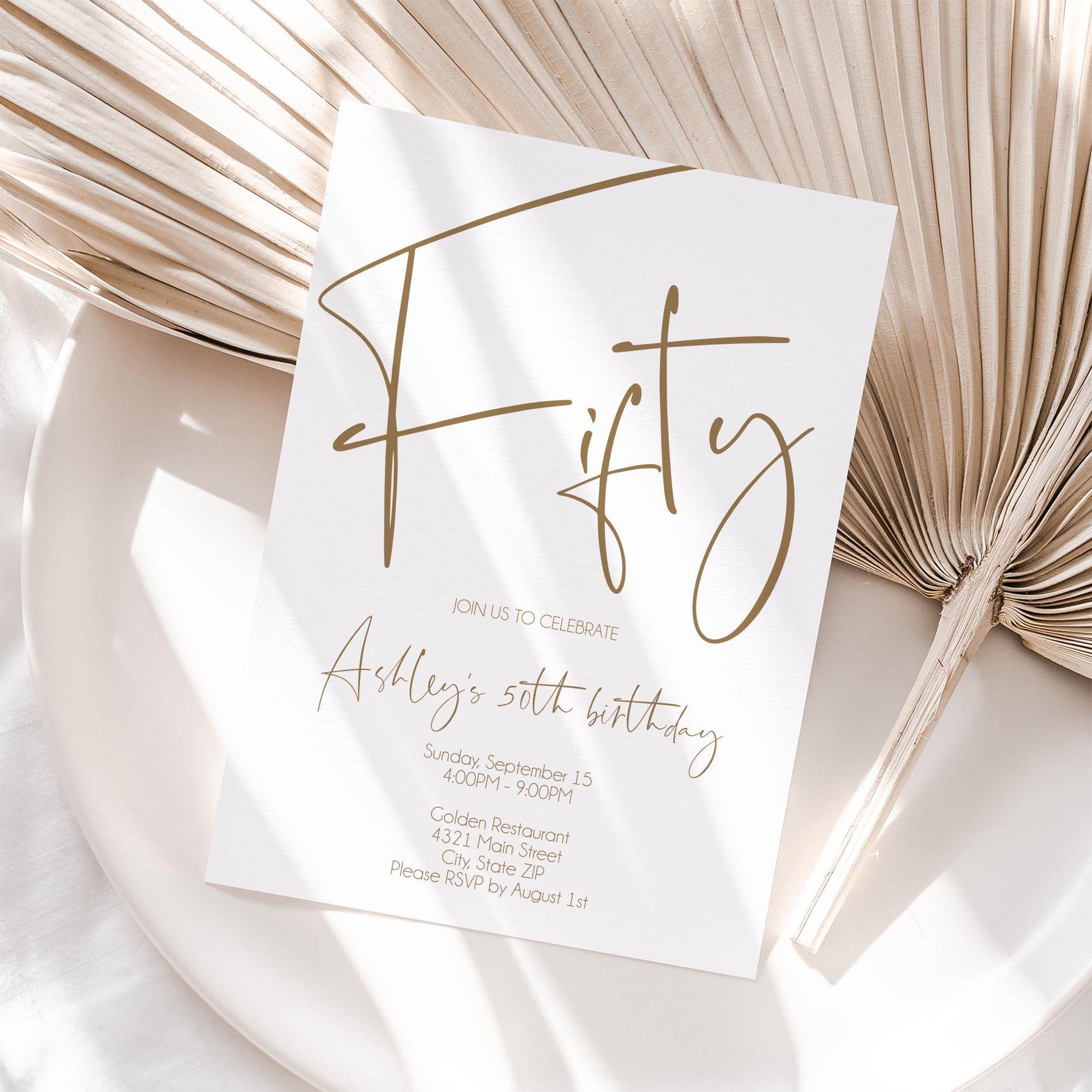 Simple 50th Birthday Invitation Template | Minimalist Editable Fifty Invite | Printable Adult Birthday Card | White Modern Birthday Evite