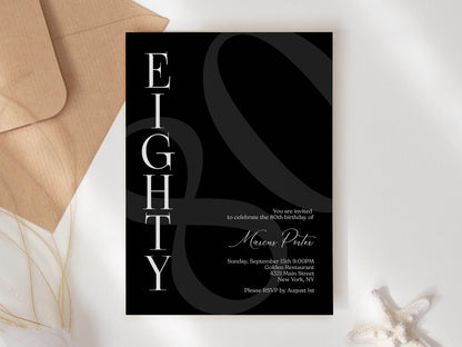 Minimalist Simple Black 80th Eighty Birthday Invitation Template, Editable Any Age Men Invitation, Email Text Message, Printable Invitation