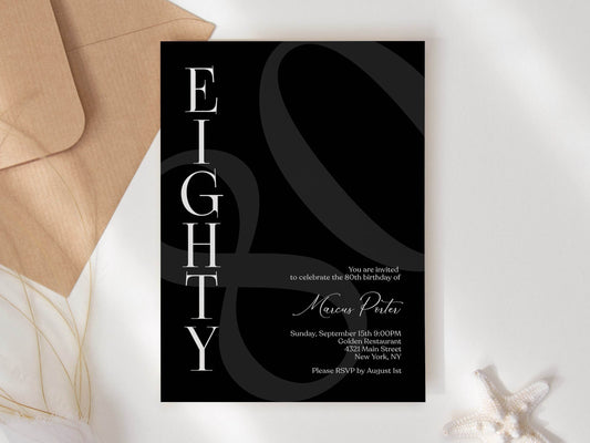 Minimalist Simple Black 80th Eighty Birthday Invitation Template, Editable Any Age Men Invitation, Email Text Message, Printable Invitation