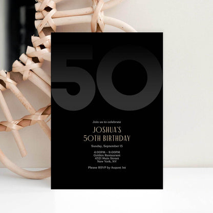 Black 50th Birthday Invitation Template – Editable Modern Party Invite for Him | Printable Elegant Men's Birthday Invitation | Instant Digital Download