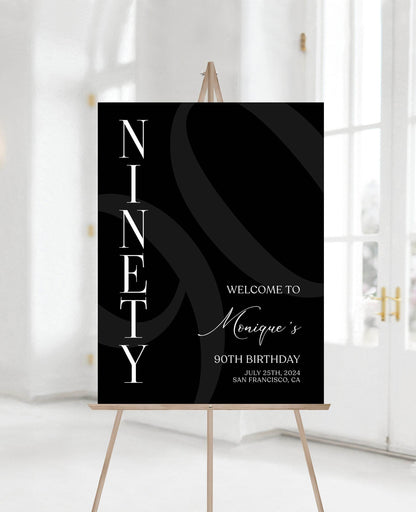 Simple Black 90th Ninety Birthday Welcome Sign Template, Printable Minimalist Birthday Welcome Sign, Editable Welcome Poster, Birthday Decor