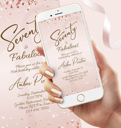 Digital 70th Seventy & Fabulous Dinner Party Invitation for Her – Editable Rose Gold Birthday Evite | Electronic Pink Ladies Invite | Instant Download