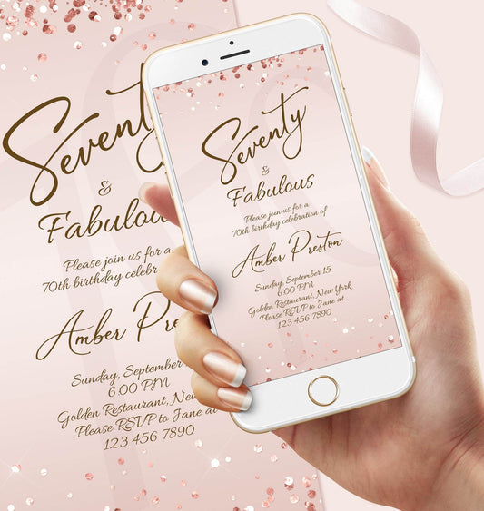 Digital 70th Seventy & Fabulous Dinner Party Invitation for Her – Editable Rose Gold Birthday Evite | Electronic Pink Ladies Invite | Instant Download